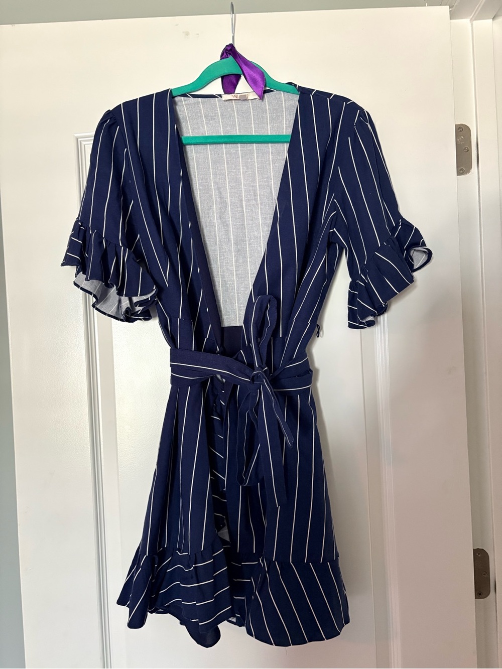 Wayf Navy Blue and White Striped Mini Wrap Dress
